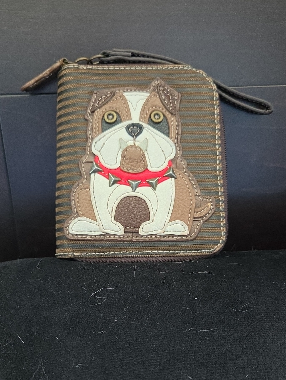 CHALA Bulldog Zip Around Wallet Wristlet Vegan Leather Striped Brown Tan